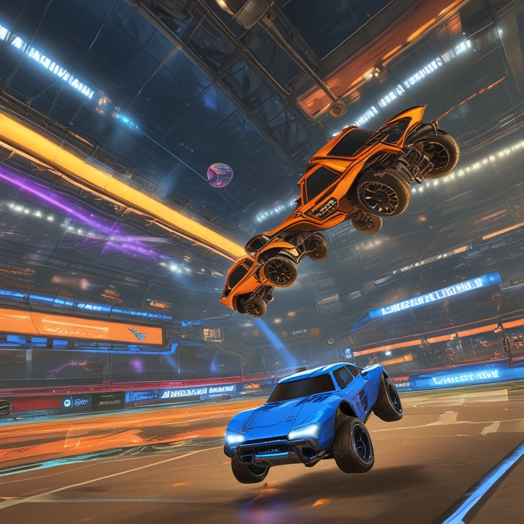 Rocket League arena view with cars mid-air trying to score