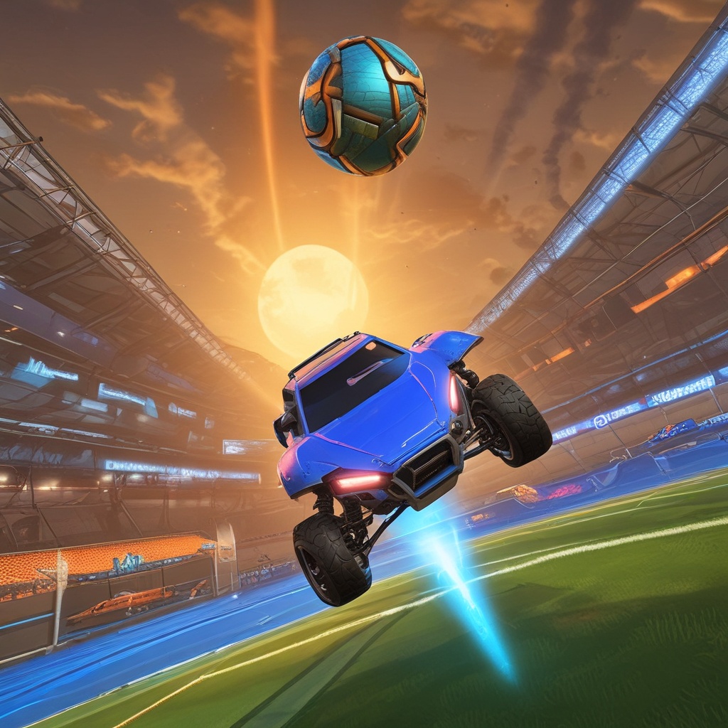 Rocket League car performing spectacular aerial maneuver to hit the ball